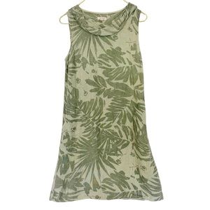 LINA TOMEII Olive Italian Linen Tropical Print Cowl Neck Sleeveless Mini Dress
